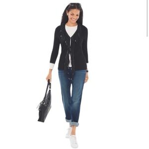 Gently used Chicos Cotton cardigan / jacket with pleather tassels